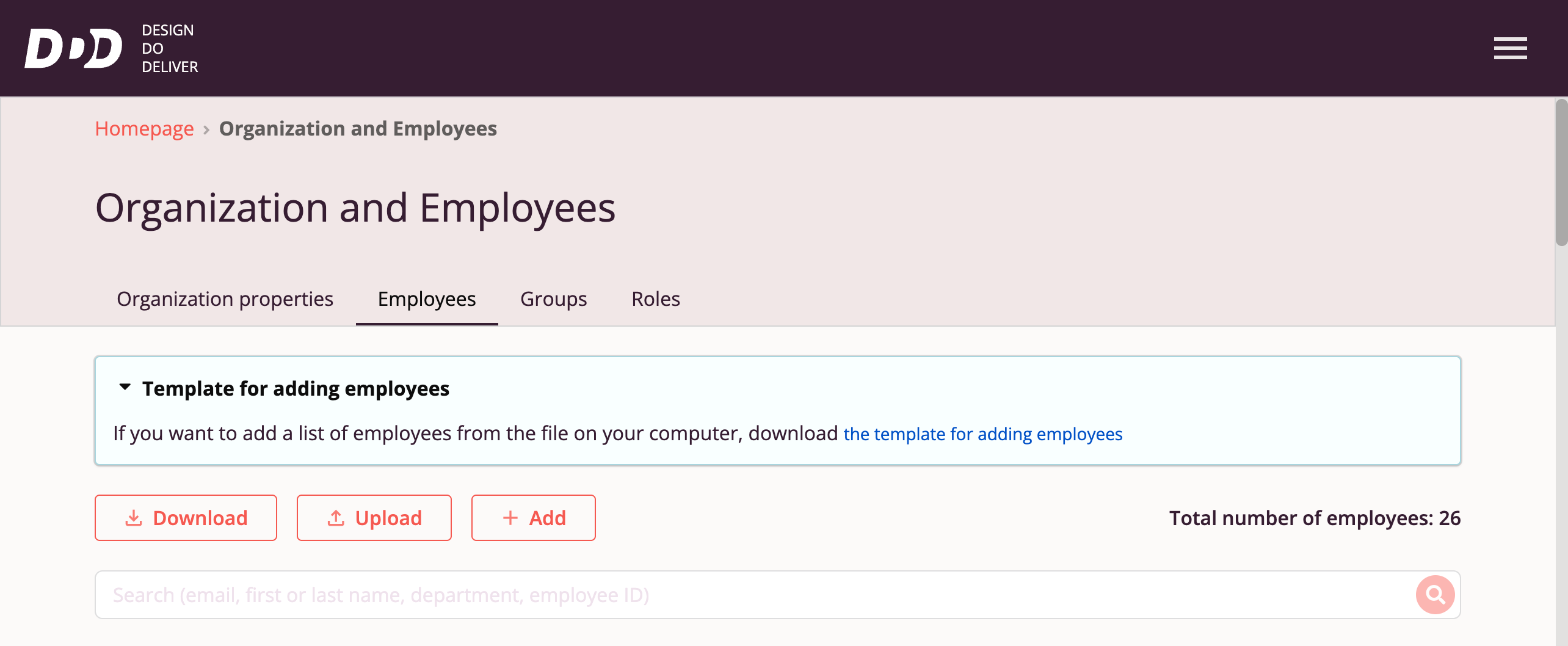 Template for uploading employees