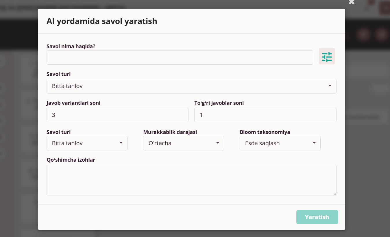 SI savolini yaratish parametrlari