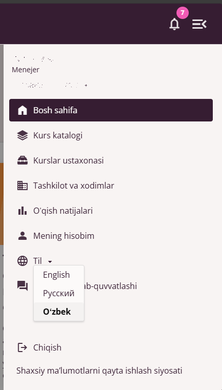 Asosiy menyu — Til
