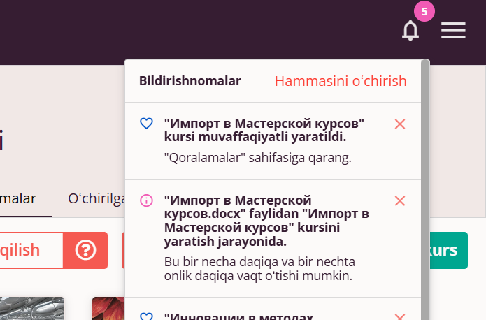 DOCX dan kurs yaratish haqida bildirishnoma