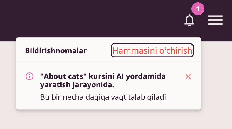 Kurs yaratish haqida bildirishnoma