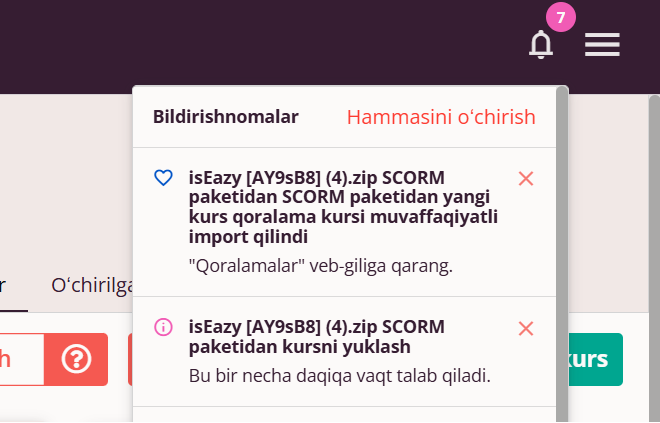 SCORM kursini yaratish haqida bildirishnoma