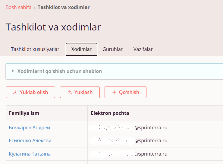 Xodimlarni yuklash uchun fayl shabloni