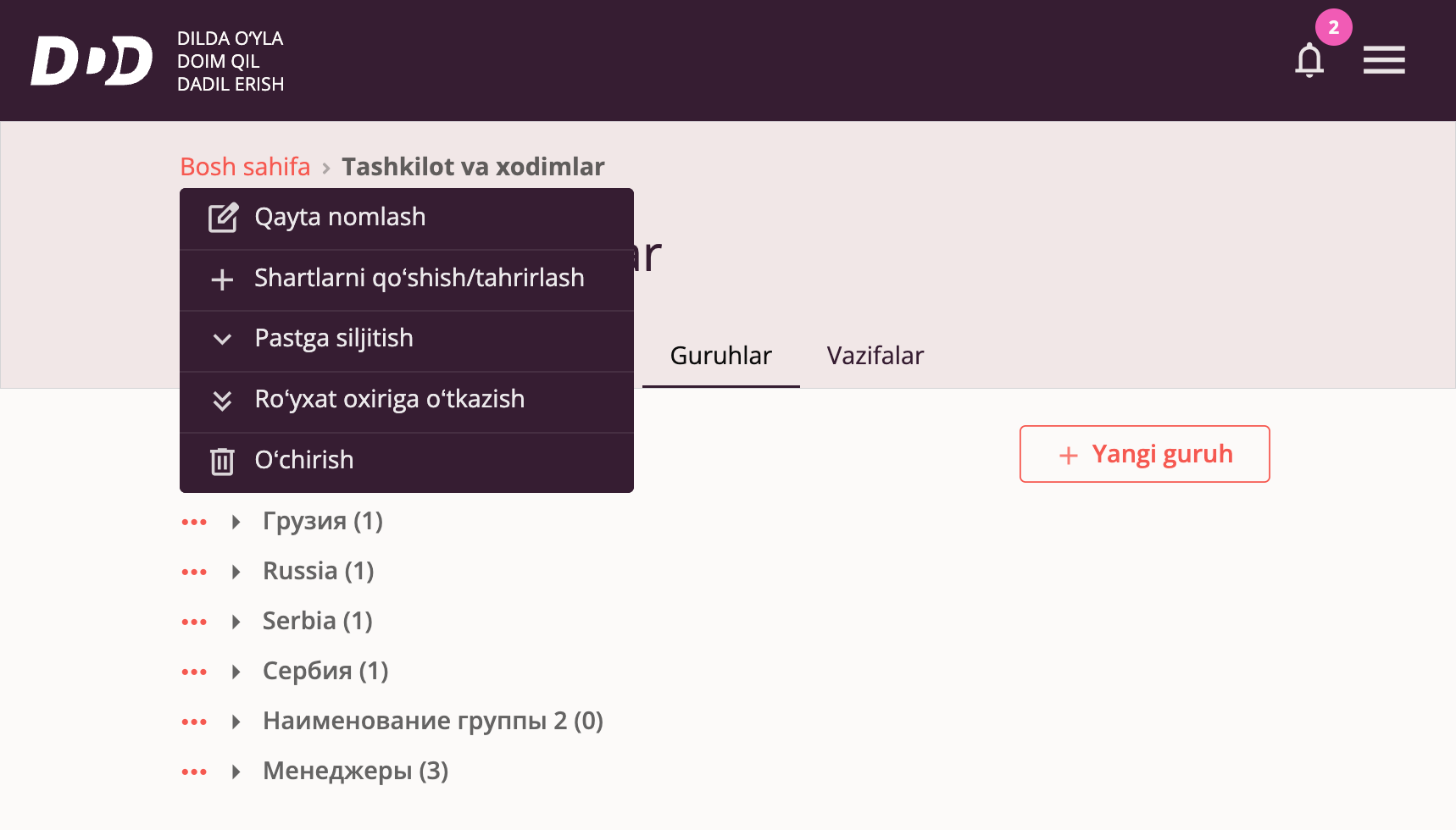 Xodimlar guruhlari — menyu