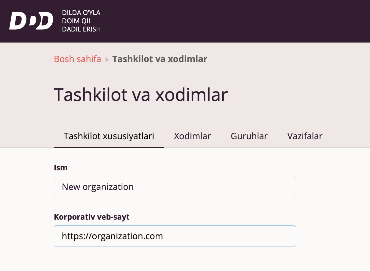 Tashkilot xususiyatlari — tashkilot nomi